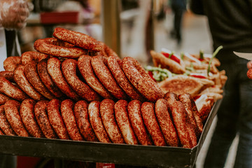 A pile of Turkish bagels on the table. Turkish cuisine and Turkish breakfast concept. 