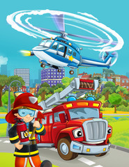 cartoon scene with fireman vehicle on the road - illustration for children