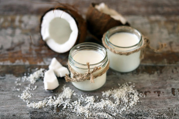 Coconut Yogurt Vegan food. Coconut and coconut flakes. Macro.