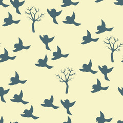 Winter Birds and Trees Vector Seamless Pattern