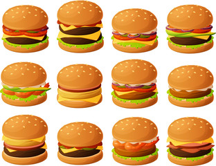 Vector illustration of various burgers isolated on white background