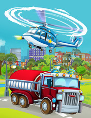 cartoon scene with fireman vehicle on the road - illustration for children