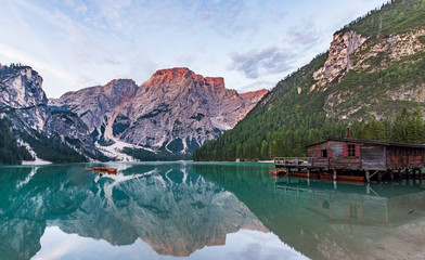 Panorama of Lake Braies with the Dolomites