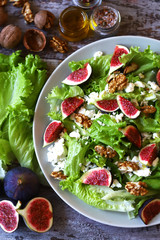 Keto salad with figs and white cheese. Healthly food. Selective focus. Macro.