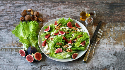 Keto salad with figs and white cheese. Healthly food. Selective focus. Macro.