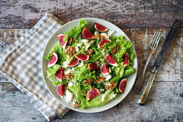 Keto salad with figs and white cheese. Healthly food. Selective focus. Macro.