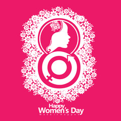 Postcard women day with silhouette women symbol and love flowers