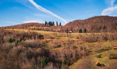 Romanian old sheepfold on the top of the hill in the fall season, Fantanele village, Sibiu county, Cindrel mountains, 1100m, Romania