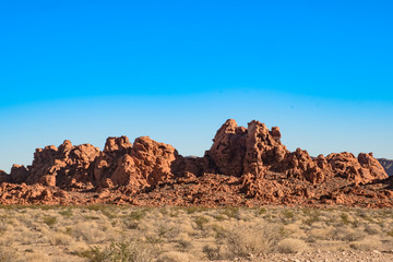 The unique red sandstone rock formations in Valley of Fire State park, Nevada, USA