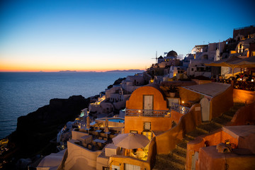 Sunset over Oia village on Santorini island in Greece