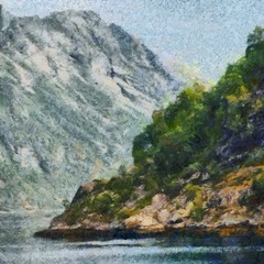 Obraz premium Bright mountains landscape painting in oil style. Print art in big size wall decor. Digital artwork. Tourism scene. Great nature power. Large pint strokes on canvas. 