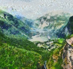 Fototapeta premium Bright mountains landscape painting in oil style. Print art in big size wall decor. Digital artwork. Tourism scene. Great nature power. Large pint strokes on canvas. 