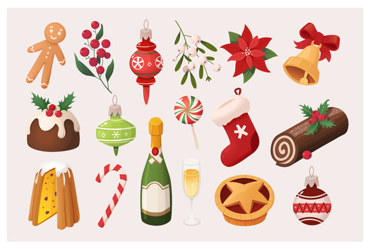 Set of colorful Christmas ornaments icons. Vector images for various designs