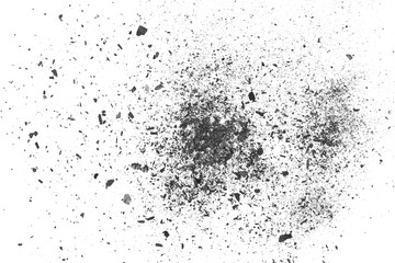 Black charcoal dust explosion, gunpowder isolated on white background and texture, top view