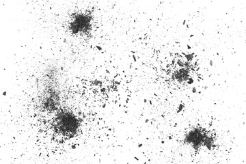 Black charcoal dust explosion, gunpowder isolated on white background and texture, top view