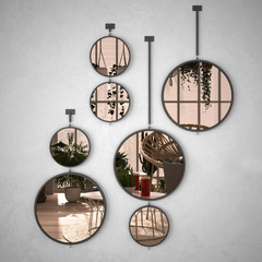 Round mirrors hanging on the wall reflecting interior design scene, minimalist white modern conservatory, winter garden lounge with rattan armchair and table