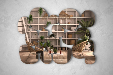 Modern mirror in the shape of pebbles hanging on the wall reflecting interior design scene, modern conservatory, winter garden lounge, armchair, table, minimalist white architecture