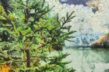 Bright mountains landscape painting in oil style. Print art in big size wall decor. Digital artwork. Tourism scene. Great nature power. Large pint strokes on canvas. 