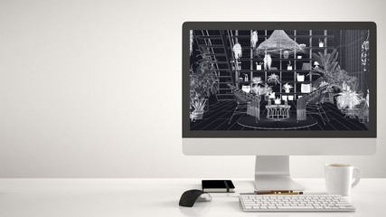 Architect house project concept, desktop computer on white background, work desk showing CAD sketch, modern conservatory, winter garden, lounge with armchair, concept interior design