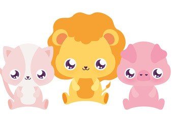 Kawaii cat lion and pig cartoons vector design