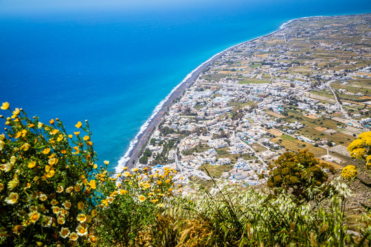 View of Perissa from the ruins of old Thira, Santorini, Greece