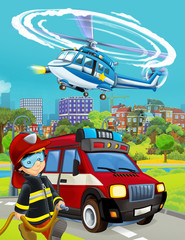 cartoon scene with fireman vehicle on the road - illustration for children