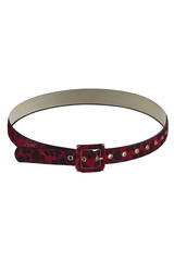 Subject shot of a showy red fur belt with leopard pattern, a furry buckle and golden eyelets. The stylish belt is isolated on the white background.