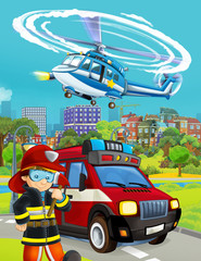 cartoon scene with fireman vehicle on the road - illustration for children