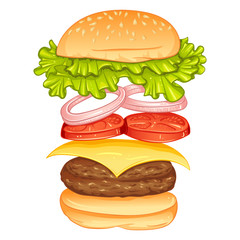 Burger with flying ingredients include bun, tomato, salad, cheese, onion, cutlet. Vector color illustration isolated on white background. Burger Menu. Fast food icon.