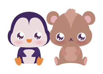 Kawaii penguin and bear cartoons vector design