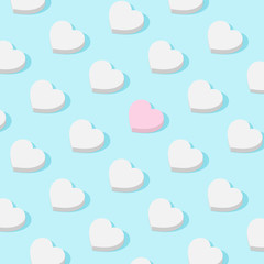 Trendy pattern of geometric hearts on a delicate blue background. Pink heart among whites. Minimal holiday concept. Sun shadow. Illustration.