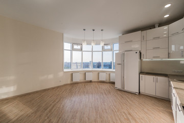 Russia, Moscow- August 05, 2019: interior room apartment modern bright cozy atmosphere. general cleaning, home decoration, preparation of house for sale. kitchen, dining area