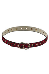 Subject shot of a showy red fur belt with leopard pattern and golden round buckles. The stylish belt is isolated on the white background.