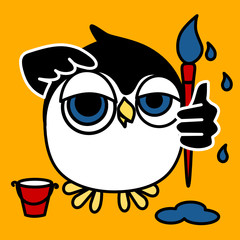 cool penguin painter stands and holds a brush in his hand, next to a bucket of paint, vector color clip art