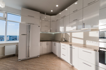 Russia, Moscow- August 05, 2019: interior room apartment modern bright cozy atmosphere. general cleaning, home decoration, preparation of house for sale. kitchen, dining area