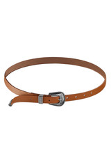 Subject shot of a showy brown smooth leather belt with silver ornamental buckle, belt end and the loop. The stylish belt is isolated on the white background.