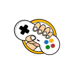 man holding game console joystick controller logo brand