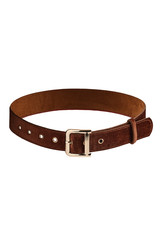 Subject shot of a showy brown velvet belt with a golden buckle and golden eyelets. The stylish belt is isolated on the white background.