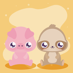 Obraz na płótnie Canvas Cute sloth and pig cartoon vector design