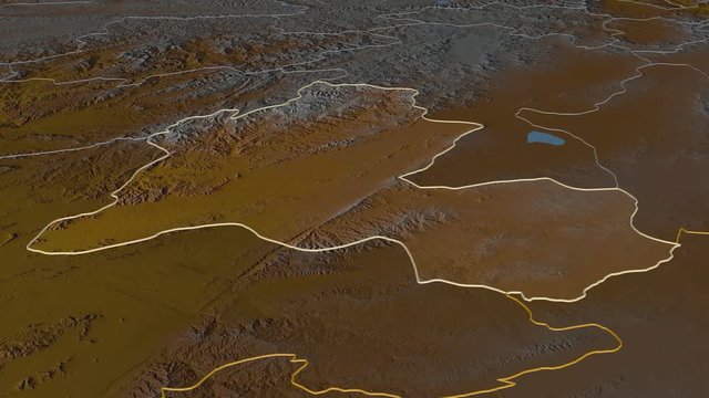 Zabul, province with its capital, zoomed and extruded on the relief map of Afghanistan in the conformal Stereographic projection. Animation 3D