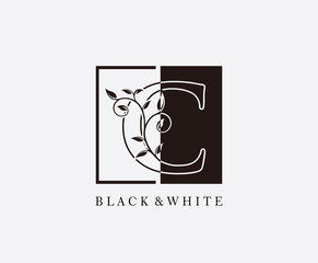 Vintage C Letter Leaves Logo. Black and White C With Classy Leaves Shape Logo Design