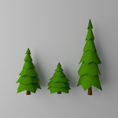 Rows of fir trees on white background, 3D rendering