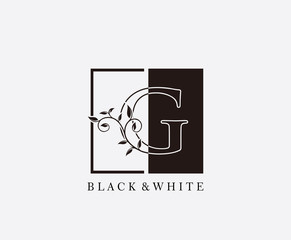 Vintage G Letter Leaves Logo. Black and White G With Classy Leaves Shape Logo Design