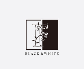 Vintage F Letter Leaves Logo. Black and White F With Classy Leaves Shape Logo Design