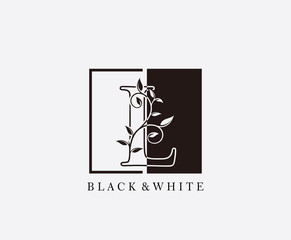 Vintage L Letter Leaves Logo. Black and White L With Classy Leaves Shape Logo Design