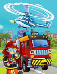 cartoon scene with fireman vehicle on the road - illustration for children