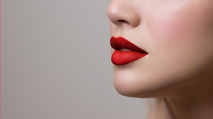 Sexy Lips. Beauty Red Lip Makeup Detail. Beautiful Make-up Closeup. Sensual Open Mouth. lipstick or...
