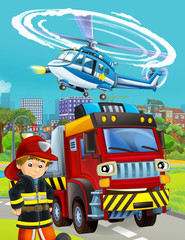 cartoon scene with fireman vehicle on the road - illustration for children