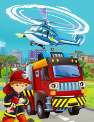 cartoon scene with fireman vehicle on the road - illustration for children