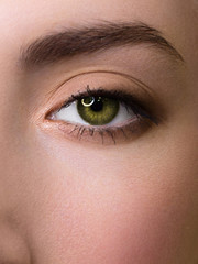 Obraz premium Beautiful macro shot of female green eye with extreme long eyelashes and smoky makeup. Perfect eyebrows and long lashes. Cosmetics and make-up. Closeup macro shot of fashion eyes visage